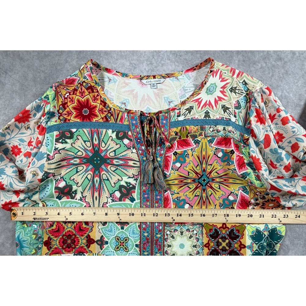 John Mark Womens XL Blouse Rayon Multicolor Floral Patchwork Boho Tassel Tie - Picture 8 of 9